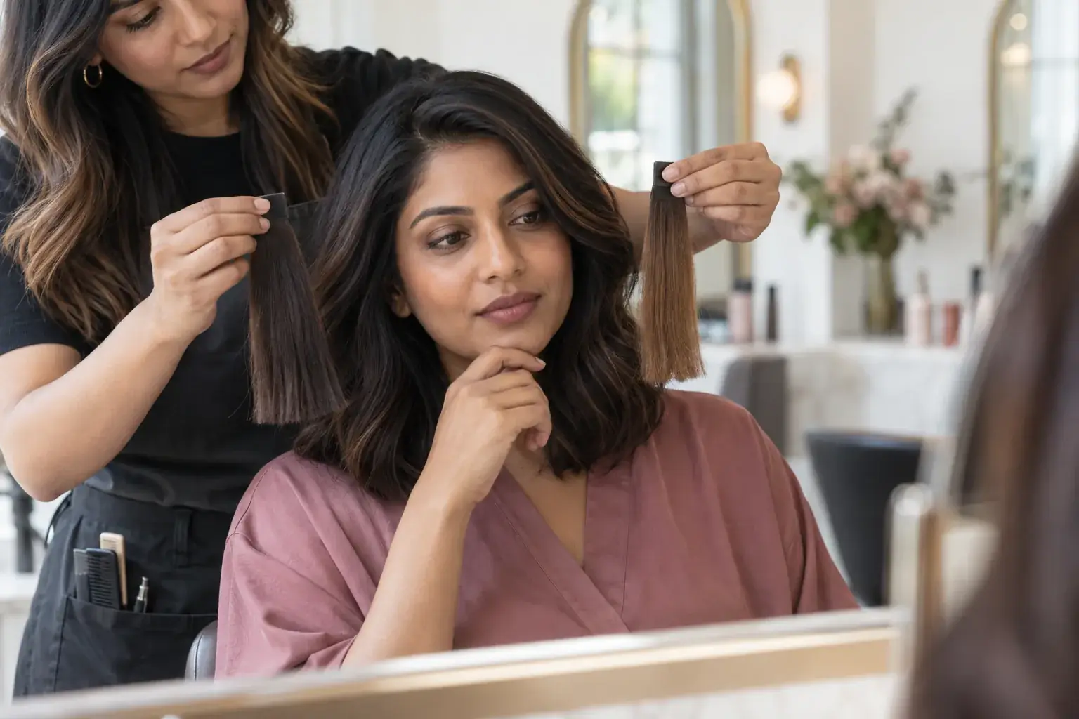 A woman compares espresso and honey-brown hair swatches at a salon
