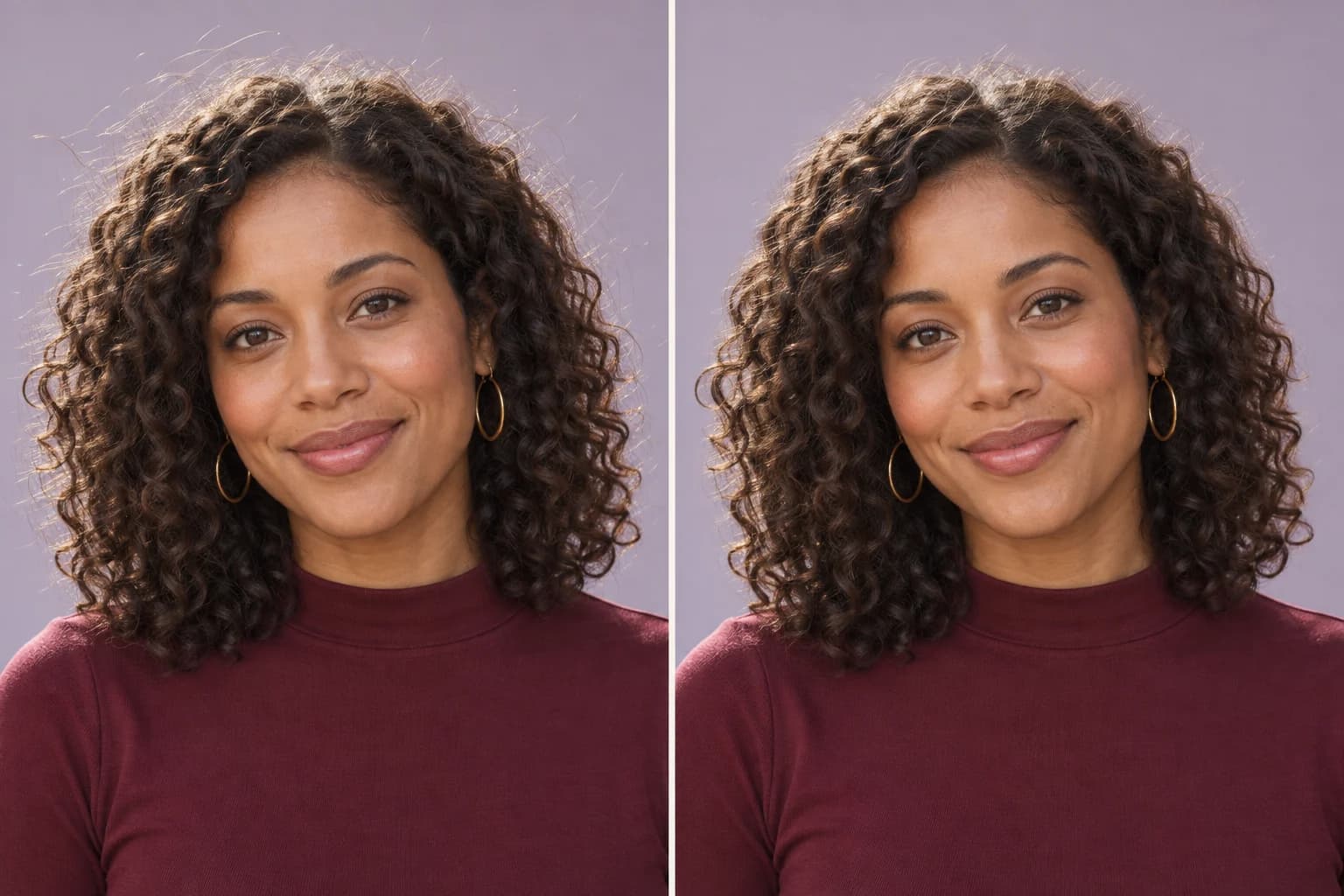 Illustrative comparison of the same curly-haired woman with more flyaway strands on the left and a selective tidy on the right